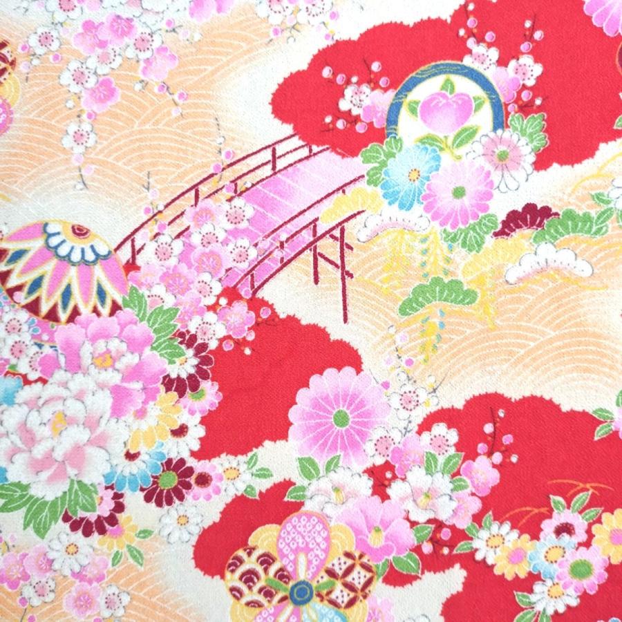 ちりめん 生地 一越 友禅 古代花柄赤HY06-A 10cm 髪飾りやつまみ細工に