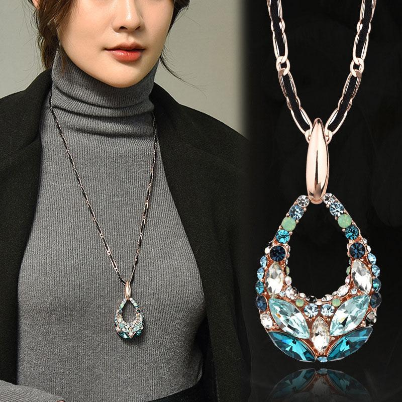 レディース ロング ネックレス クリスタル カラフル 青 水晶