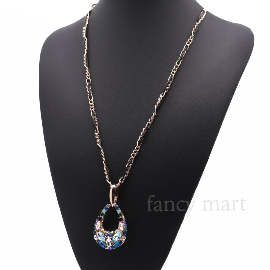 レディース ロング ネックレス クリスタル カラフル 青 水晶