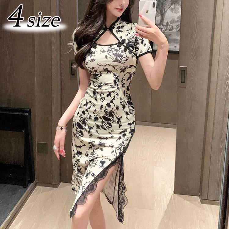 チャイナドレス 半袖 ナイトドレス コスプレ 柄 脚見せ ランジェリー 白 中華服 チャイナ 中華風 中国風 カップル セクシー の商品画像