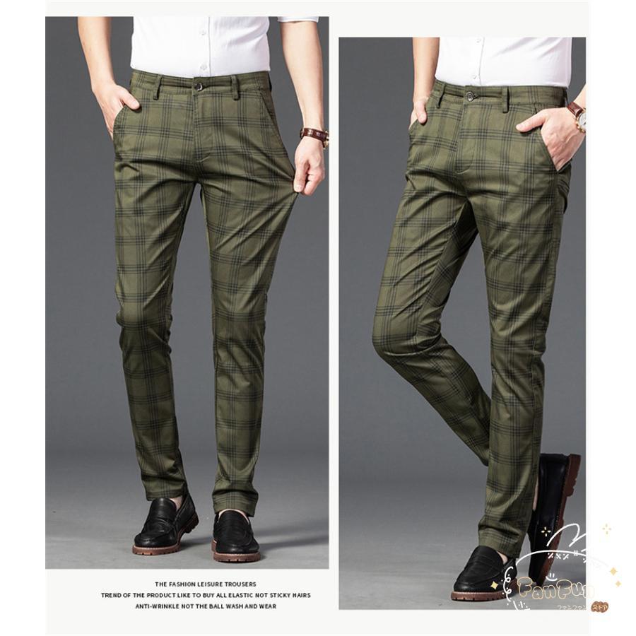 美脚　メンズ スラックス メンズ ビジネススラックス ストレッチパンツ 紳士パンツ 長ズボン チェック柄 美シルエット 細身 美脚