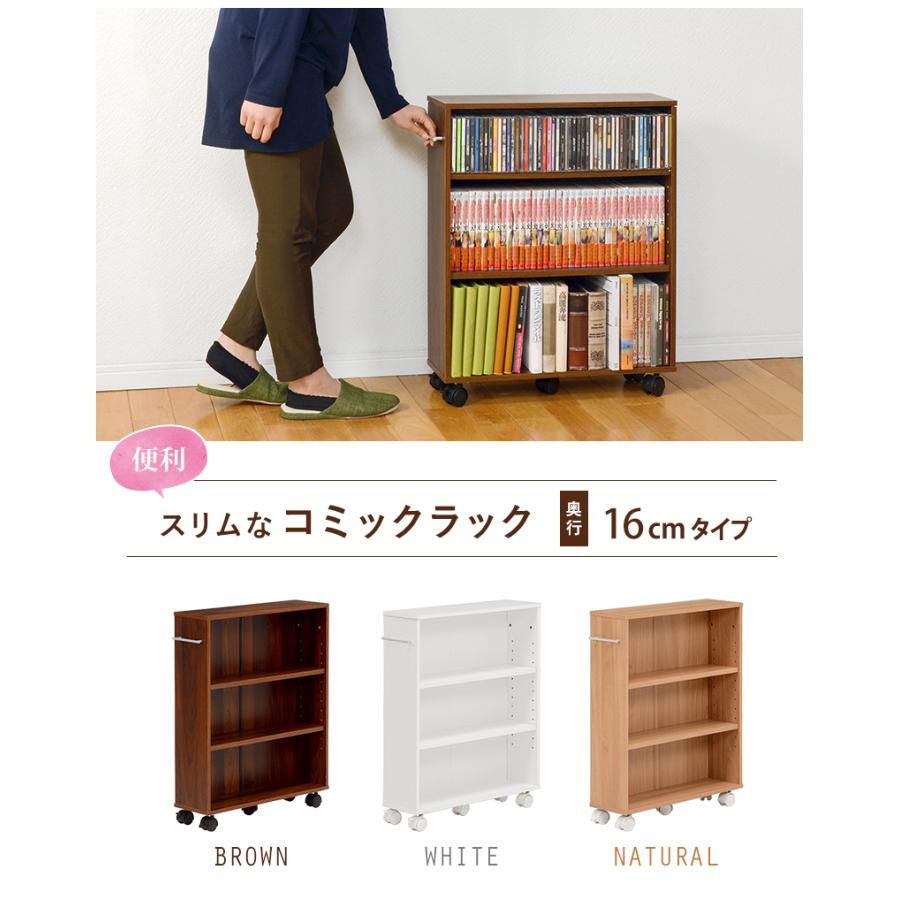 コミックラック スリム 3段 奥行 16cm キャスター付き 隙間収納 薄型