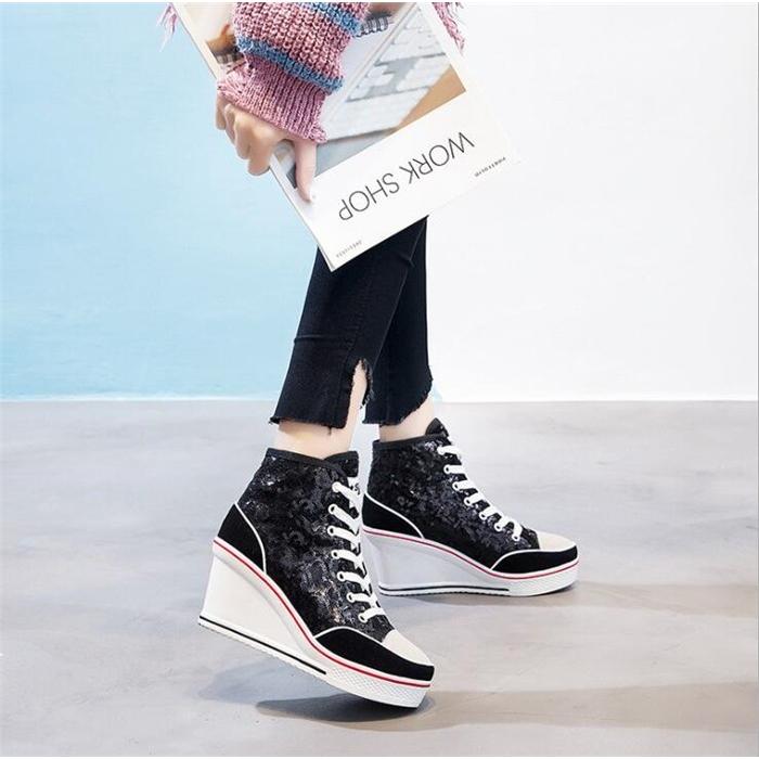 スニーカー 大きいサイズ レディース ハイカットスニーカー インヒールスニーカー ヒース8ｃｍ 靴 シューズ 春秋 厚底シューズ レースアップ グリッター付き Hfbx2419jan005 松田商事 通販 Yahoo ショッピング