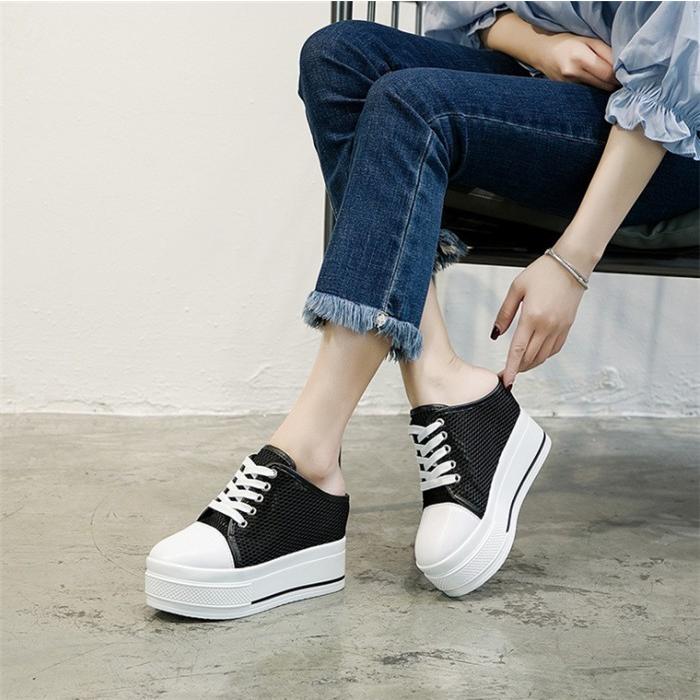 厚底スニーカー サンダル ローカット 厚底 フラットスニーカー ヒール8 5cm インヒール レースアップ メッシュ 透け 編み上げぺたんこ 足長 美脚 Hgx2419jan053 松田商事 通販 Yahoo ショッピング