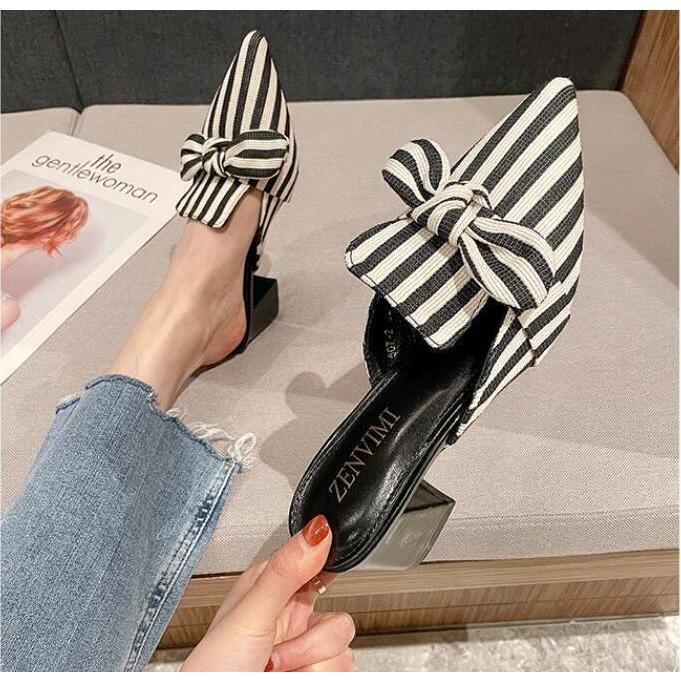 限定価格セール ミュール レディース サンダル リボン付き カジュアル スリッパパンプス ボーダー柄 フォーマル オフィスサンダル かかとなし 5 5cm ヒール サンダル 内長 36 23cm Www Sustentec Com Br