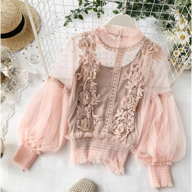 全4色韓国ファッション ブラウス レディース シースルー 2点セットブラウス キャミ刺繍 バルーン