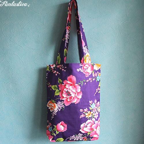 台湾 客家花布縦長トートバッグ パープル ※マチ＆裏地＆内ポケットあり