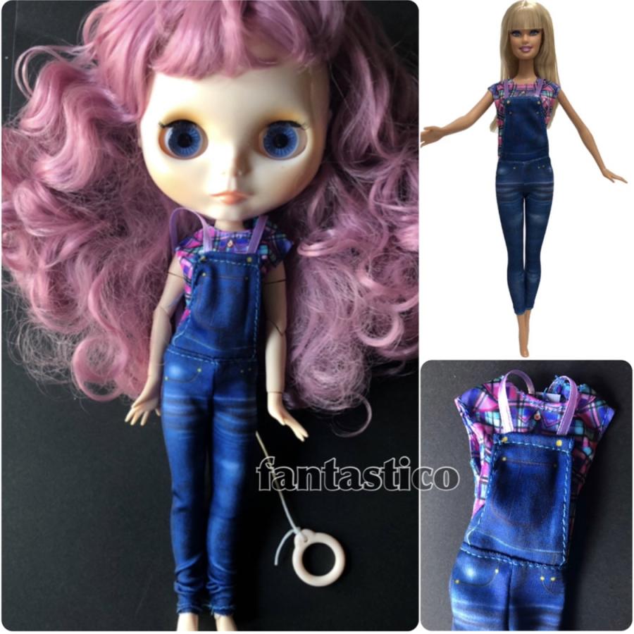 バービー人形用ドール用アウトフィット チェックトップスとデニム風サロペットの重ね着風 ブライスドール Dolloutfit Denimslp Fantastico Yahoo 店 通販 Yahoo ショッピング