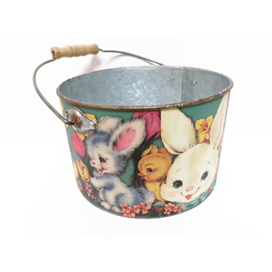 イースターバニー ブリキバケツ缶 スモールサイズ ヴィンテージスタイル うさぎ アート Happy Easter Bunny Tin Bucketの画像