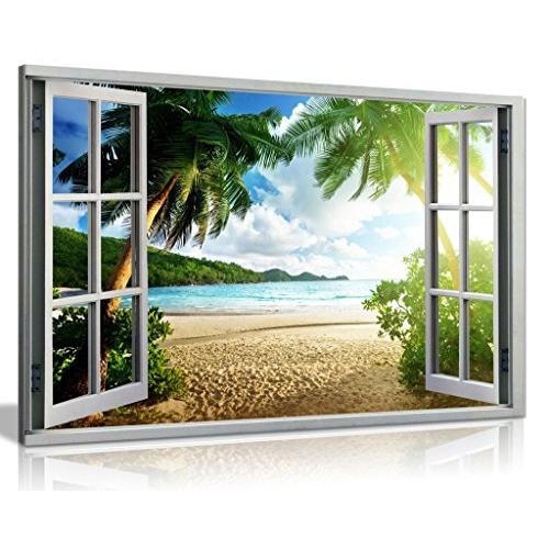 【驚きの値段】 (A1 76x51 cm (30x20in)) - Beach Sunset View 3D Window Effect Canvas Wall Art Picture Print (30X20) レリーフ、アート