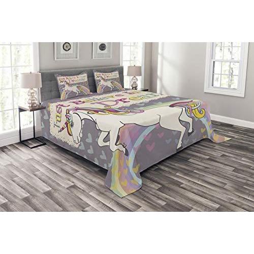 セール市場 Ambesonne ベッドスプレッド ユニコーンのフィギュア 小さな女の子用 夢を信じる ベッドスプレッド 夢を信じる 引用イラスト ファーイーストインクのambesonne 装飾キルトベッドカバーセット 枕カバー付き ライラックとベ B07jg6v4pd ファーイーストインク