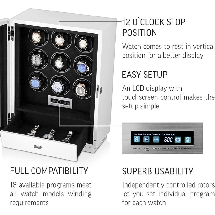 腕時計ワインダーボックス 自動巻き最大9個の自動巻き腕時計用 LEDケースバックライト LCDタッチスクリーンディスプレイ 収納コンパートメント付き すべて｜fareastincjp｜02
