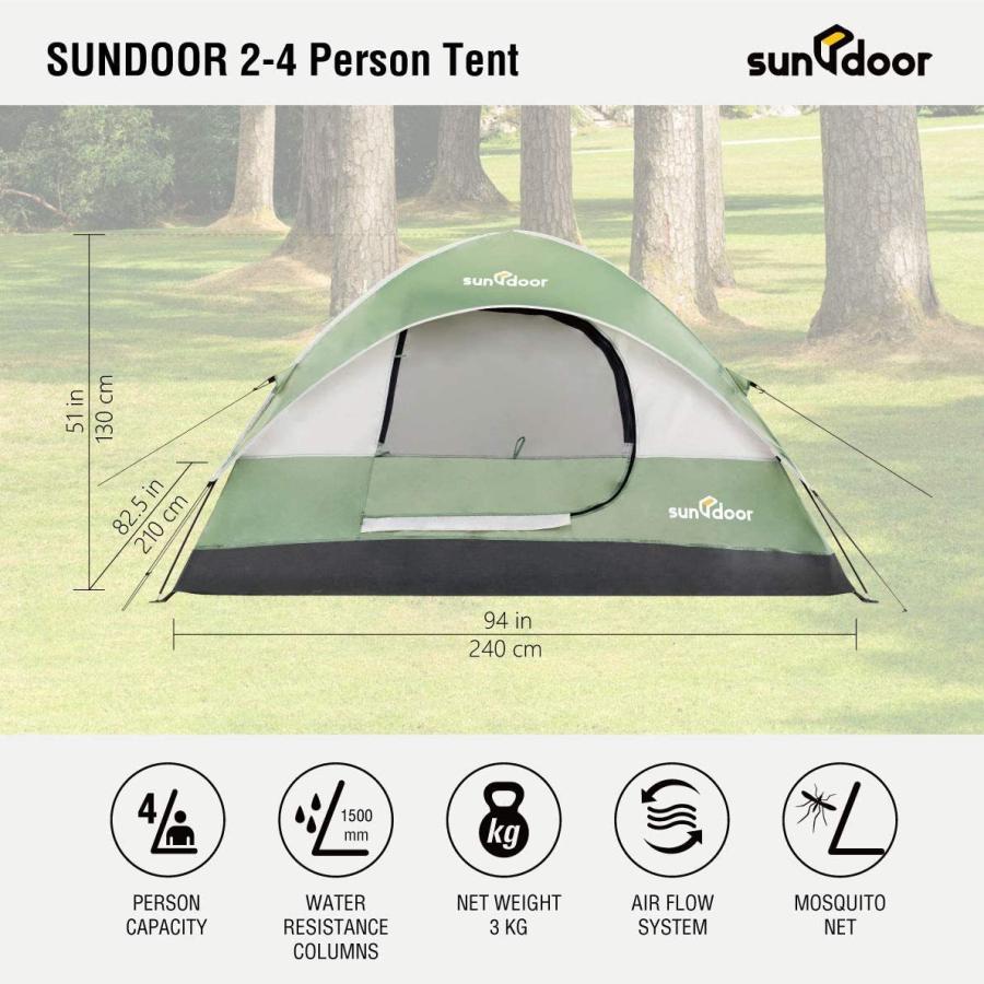 贅沢品 防水 ブッシュクラフト ソロ カップル 家族用 キャンプテント 4人用 Sundoor セットアップ簡単 グリーン ヤドリギ ポーチ付き アウトドア ドーム型テント Raffles Mn