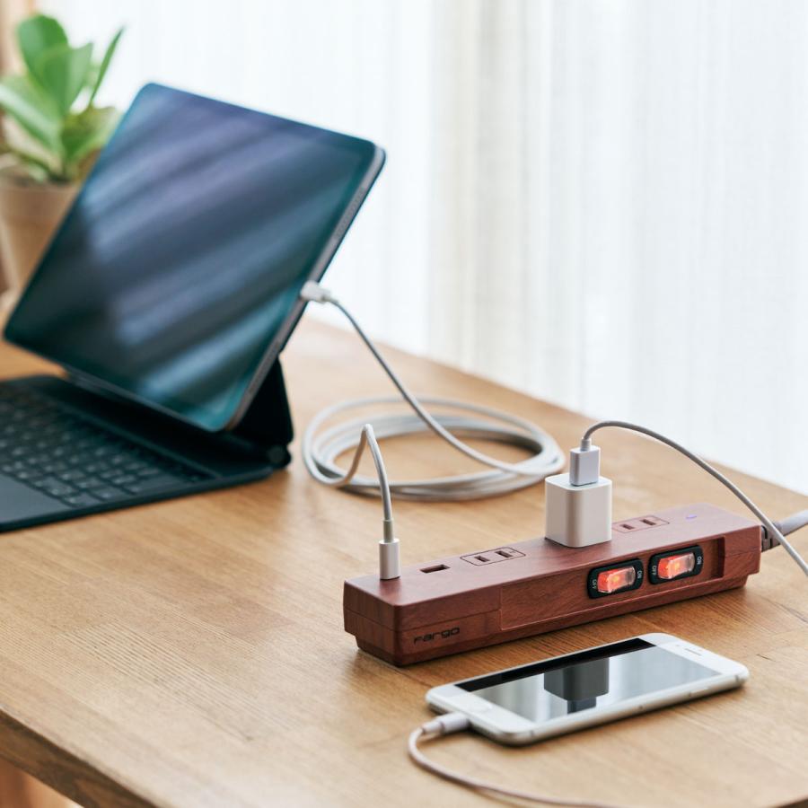電源タップ おしゃれ PD30W 延長コード 安全 プレゼント ギフト お部屋づくり インテリア 旅行 USB Type-C 3個口 個別スイッチ 2m 急速充電 スマホ 木目調 Fargo | Fargo | 04