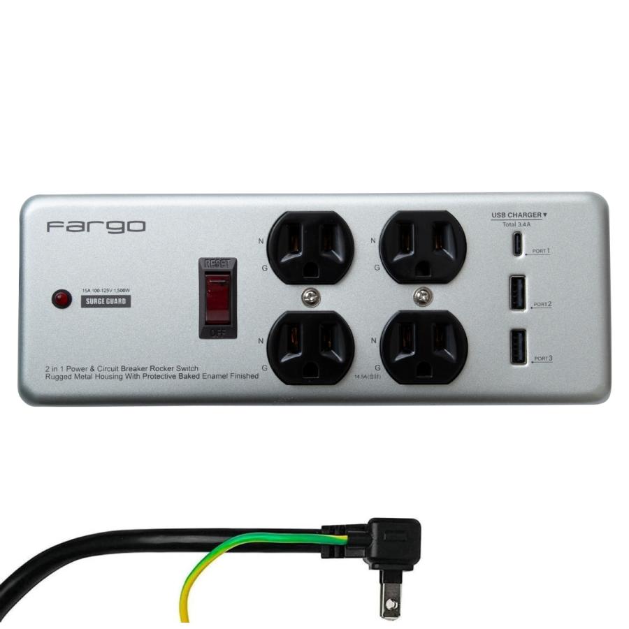 FARGO コンセント 3ピン プラグ 電源タップ 延長コード おしゃれ スチール イズカット 雷サージ 4個口 3.4A USB  TypeC TypeA 1.8m SALE |  | 19