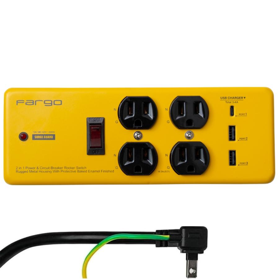 FARGO コンセント 3ピン プラグ 電源タップ 延長コード おしゃれ スチール イズカット 雷サージ 4個口 3.4A USB  TypeC TypeA 1.8m SALE |  | 20
