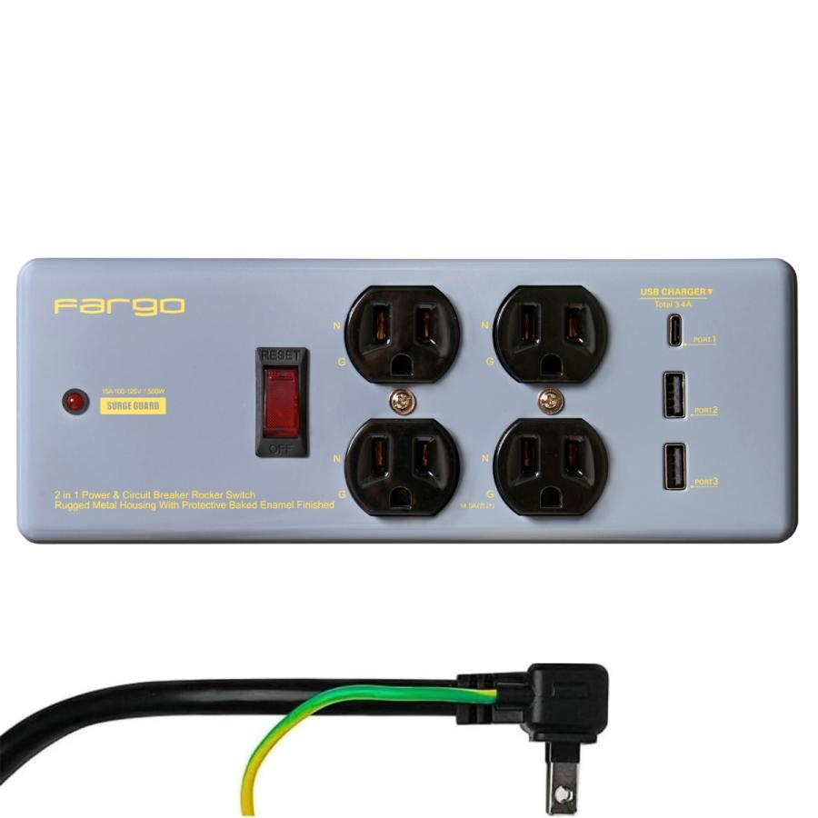 FARGO コンセント 3ピン プラグ 電源タップ 延長コード おしゃれ スチール イズカット 雷サージ 4個口 3.4A USB  TypeC TypeA 1.8m SALE |  | 22