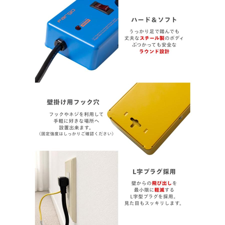 FARGO コンセント 3ピン プラグ 電源タップ 延長コード おしゃれ スチール イズカット 雷サージ 4個口 3.4A USB  TypeC TypeA 1.8m SALE |  | 06