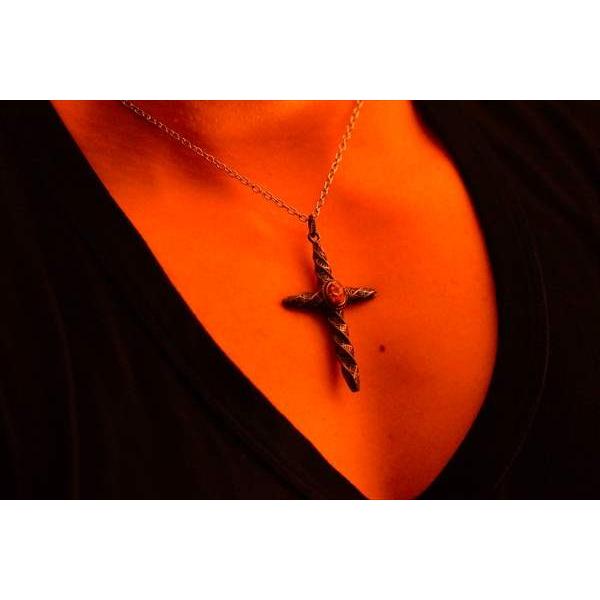 シルバーアクセサリー 天然石 アンバー 琥珀 クロス 十字架 青海波  