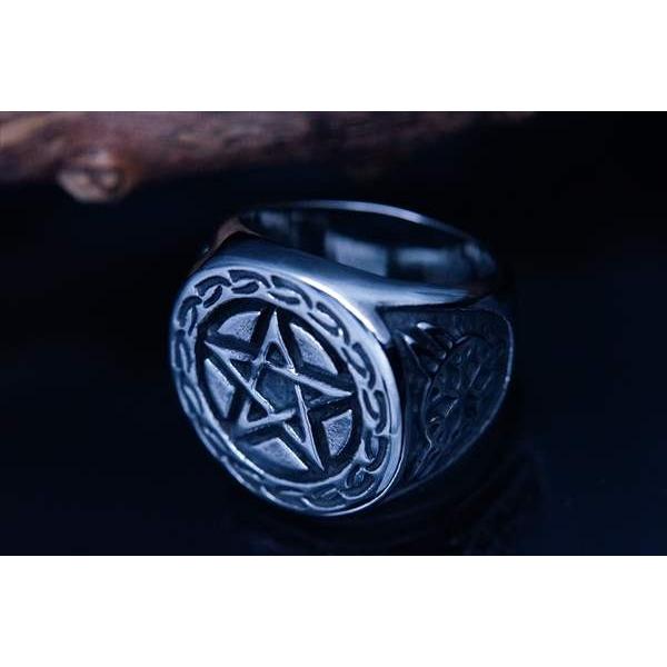 五芒星(ペンタグラムスター)立体彫り・サークル型デザイン メンズ