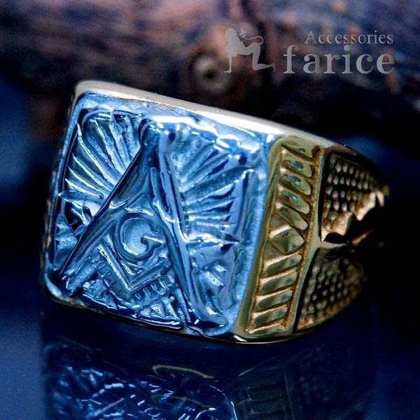 秘密結社 フリーメイソン ステンレス リング 指輪 ゴールド メンズ コンパス 定規 Gマーク 石工 道具 お気に入り