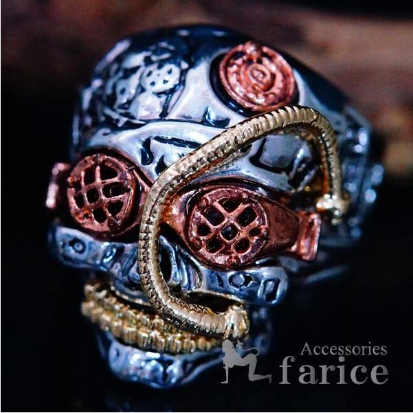 メカニカルスカル 髑髏 ゴールド トリプルカラー メンズ リング