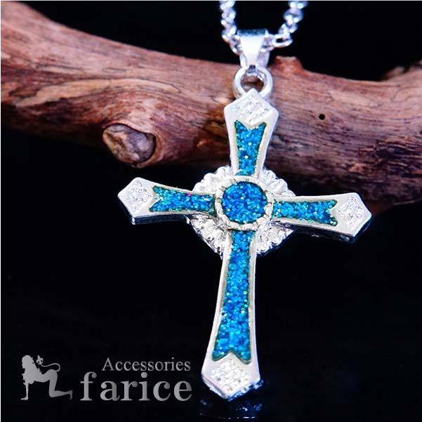 鍵付きクロスケージのブルービジューのペンダント　ゴシック 十字架 シルバー 青 クラシック 十字架 クロス ネックレス シルバー925 ネックレス
