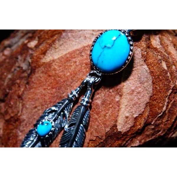 Indian Jewelry カボションカットターコイズ装飾 ドロップ2フェザー(羽