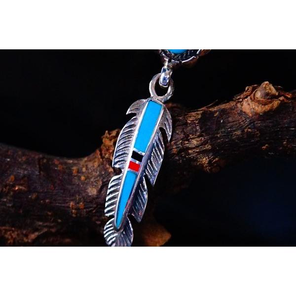 Indian Jewelry ターコイズ&オニキス&レッドコーラル(珊瑚) フェザー