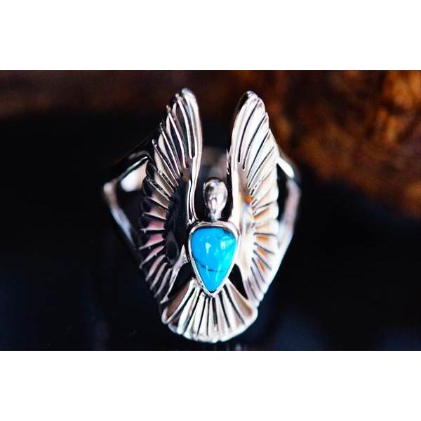 翼を広げたイーグル(鷲) 羽ばたくウイング トライアングル・カボションカット ターコイズ装飾 インディアンジュエリー シルバー925 メンズ リング | Indian Jewelry | 03