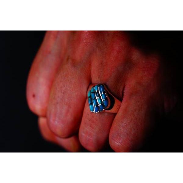 Indian Jewelry 天然石 ターコイズ インレイ装飾 ダイヤ型デザイン