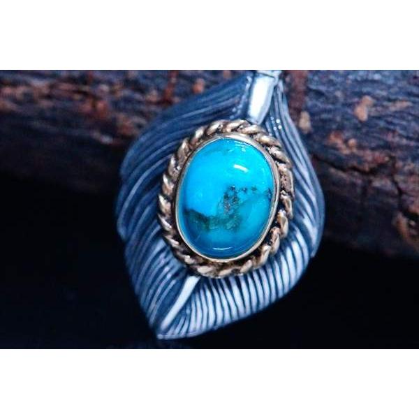 Indian Jewelry 天然石 ターコイズ&ブラスゴールド・縄目縁取り装飾