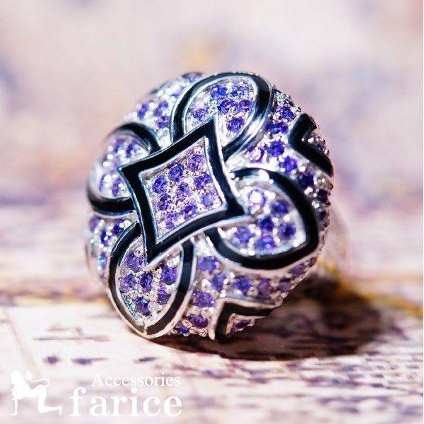 アメジストパープルストーンパヴェ ブラックラインゴージャスマッシュルームジュエリーリング : アクセサリー通販 farice - 通販 ...