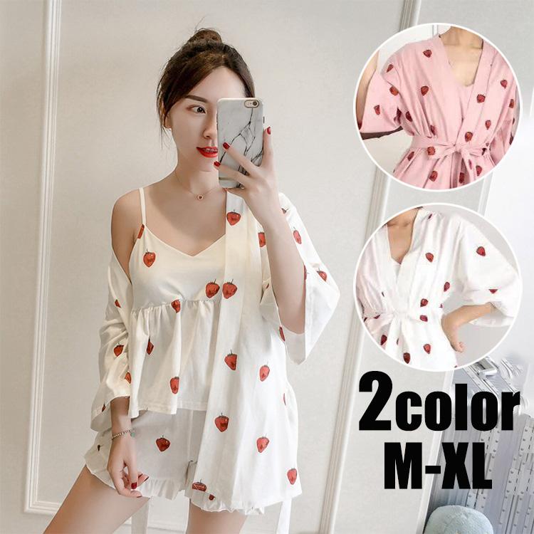 パジャマ ルームウェア レディース 春 夏 半袖 パジャマ いちご柄 可愛い 3点セット 綿 パジャマ セットアップ キャミソール ルームウェア 女性 部屋着 寝巻き ファッションイン 通販 Yahoo ショッピング