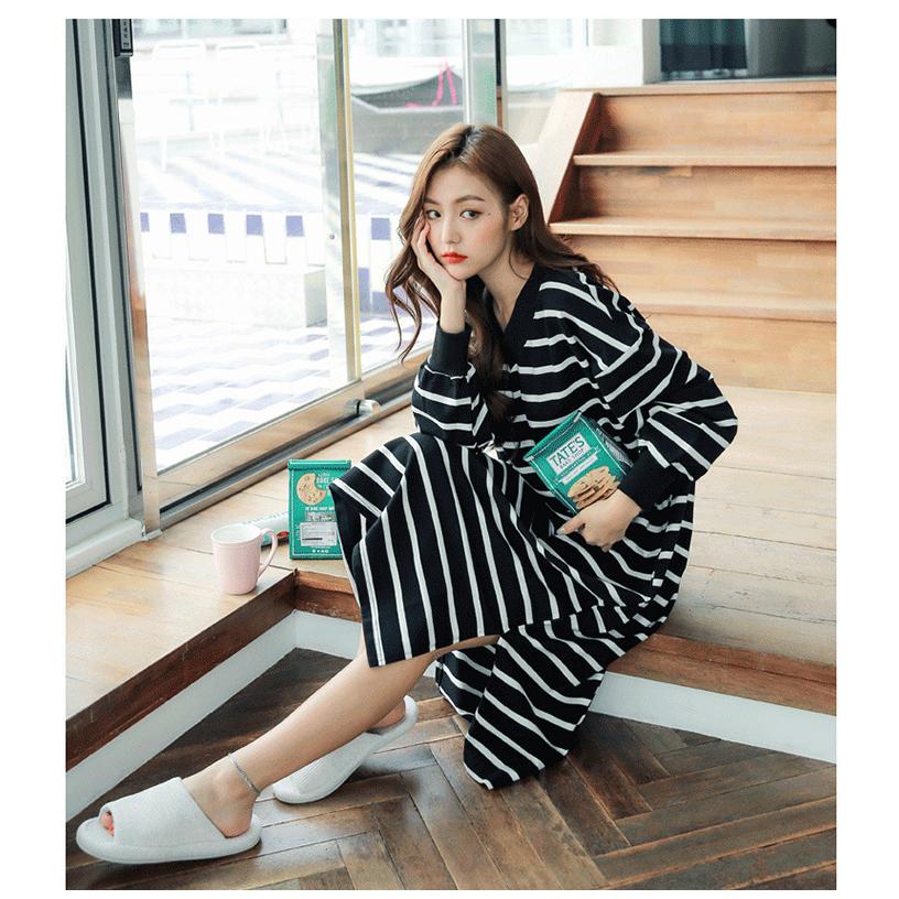 ネグリジェ パジャマ レディース 春 秋 長袖 ボーダー パジャマ 白 黒 ワンピースタイプ Vネック ロング丈 綿 大人 可愛い ルームウェア 寝巻き 部屋着 ゆったり ファッションイン 通販 Yahoo ショッピング