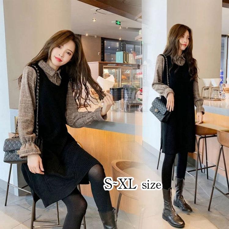 ワンピース レディース フェイクレイヤード レース 長袖 ニット Vネック コーデ ブラック 黒 ベージュ 体型カバー ロング丈 大きいサイズ 40代 30代 おしゃれ ファッションイン 通販 Yahoo ショッピング