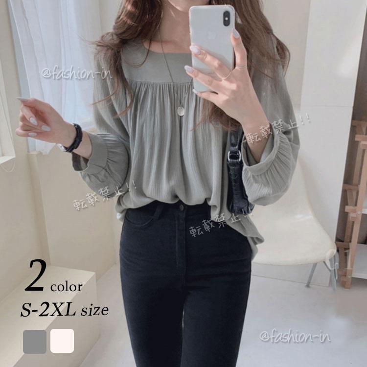 ブラウス レディース 春夏秋 白 S 2xl シフォン 新作 長袖 スクエアネック シャツ 通勤 韓国