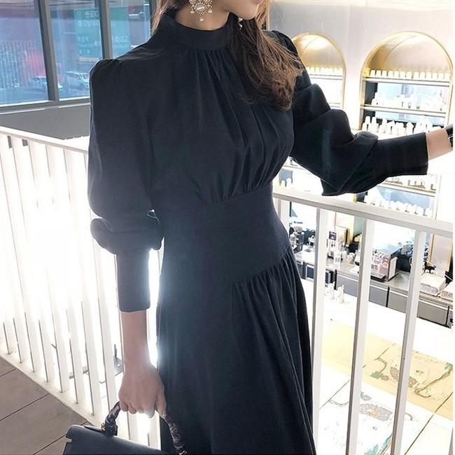 パーティードレス お呼ばれ 紺 ネイビー パフスリーブ 長袖 ハイネック