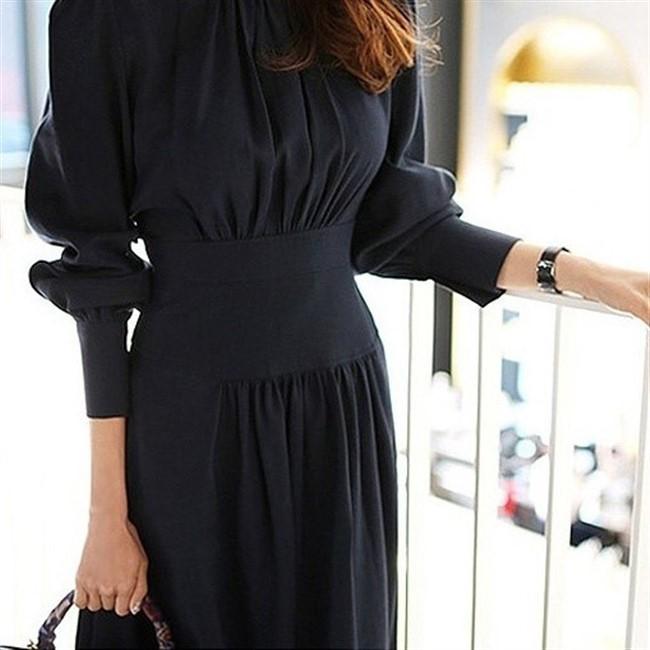 パーティードレス お呼ばれ 紺 ネイビー パフスリーブ 長袖 ハイネック