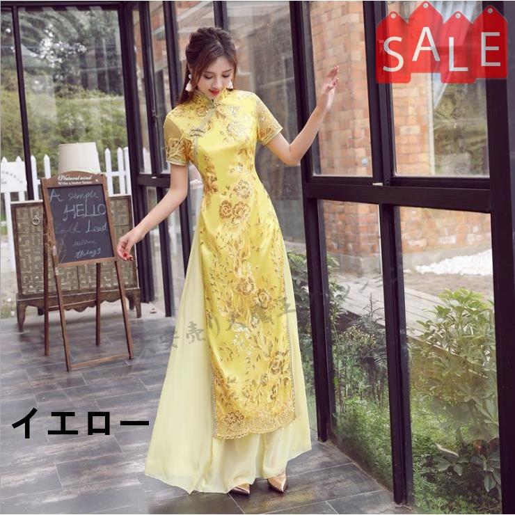 チャイナドレス ワンピース レディース ロング丈 チャイナ服 アオザイ 重ね着 半袖 ステージ衣装 ドレス 結婚式 二次会 パーティー おしゃれ 新作 Shirt115 大安売り大魔王ファッション 通販 Yahoo ショッピング