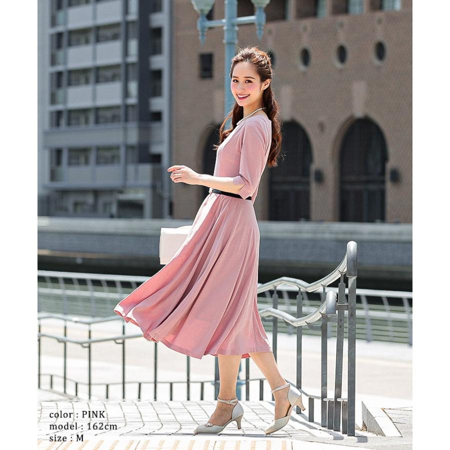 結婚式 ドレスワンピース オケージョンワンピース パーティードレス ハイウエスト ベルト付 七分袖 母 ママ 二次会 女子会 お呼ばれ 大きいサイズ_13
