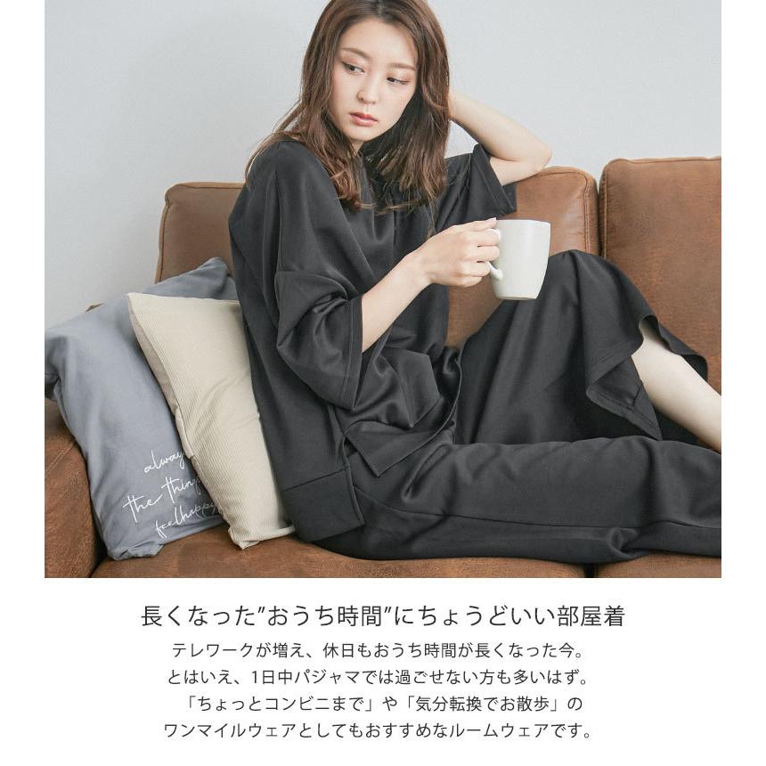 ルームウェア 部屋着 セット ツーピース シャツ パンツ ロング丈 半袖 フードつき ジッパー プリント 幾何学 カジュアル 大人 普段着 夏 一番の