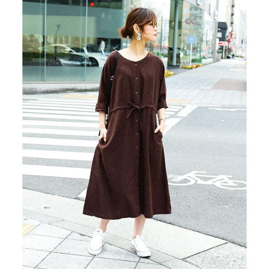 リネンレーヨン ロング シャツワンピース 大きいサイズ 5分袖 麻 ノー