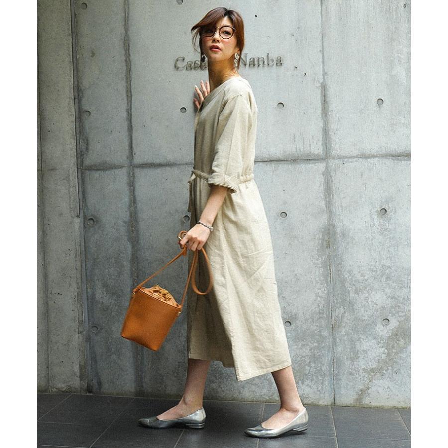 リネンレーヨン ロング シャツワンピース 大きいサイズ 5分袖 麻 ノー