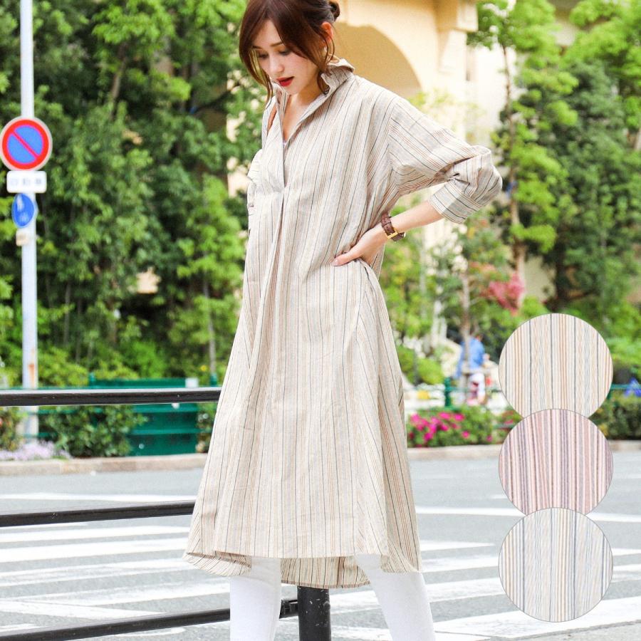 ストライプ シャツワンピ ロング 七分袖 春 夏 ワイド ゆったり ロング丈 Aライン Vネック ふんわり 綿100 ドロップショルダー テントシャツ ワンピース Sd3960 Fashionletter 通販 Yahoo ショッピング