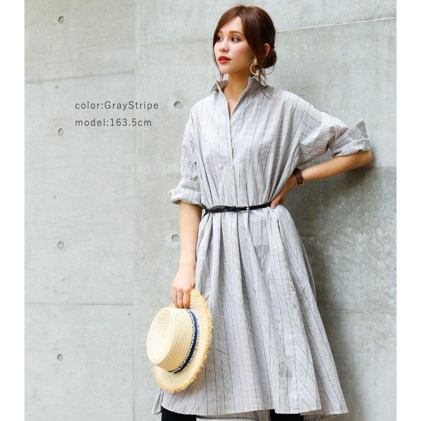 ストライプ シャツワンピ ロング 七分袖 春 夏 ワイド ゆったり ロング丈 Aライン Vネック ふんわり 綿100 ドロップショルダー テントシャツ ワンピース Sd3960 Fashionletter 通販 Yahoo ショッピング