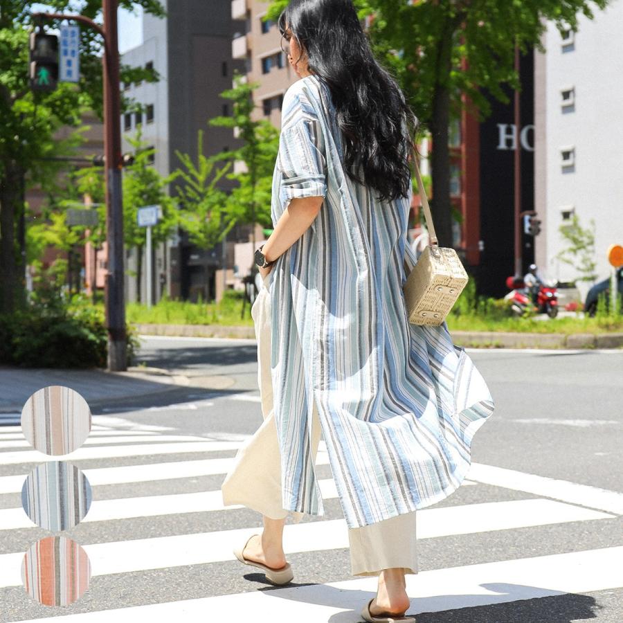 マルチストライプ シャツワンピ ロング 五分袖 七分袖 春 夏 ロング丈 ノーカラー ドロップショルダー 薄手 羽織 カーディガン カーデ シャツ ワンピース Sd3965 Fashionletter 通販 Yahoo ショッピング