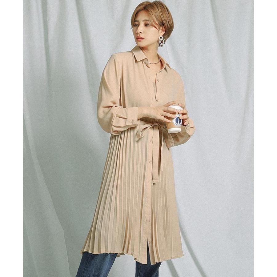 プリーツ シャツワンピース ジョーゼット ロング シャツワンピ レディース トップス ワンピース チュニック 長袖 きれいめ 膝丈 Sd3987 Fashionletter 通販 Yahoo ショッピング