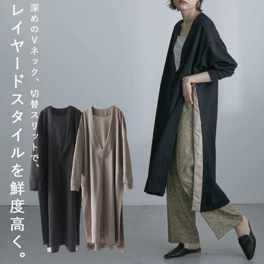 深vネック レザースイッチング サイドスリットワンピース レディース ロングワンピース Vネック ロング丈 スリットワンピ カットソー レザー切替 Xe Fashionletter 通販 Yahoo ショッピング
