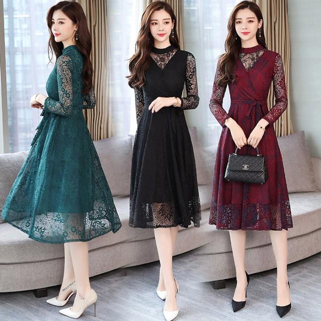 パーティドレス 韓国 代 結婚式 長袖 カシュクール ワンピース ドレス 総レース クルーネック 透け感 Aライン ミモレ丈 二次会 お呼ばれ D0131 Fashionlover Yahoo ショップ 通販 Yahoo ショッピング